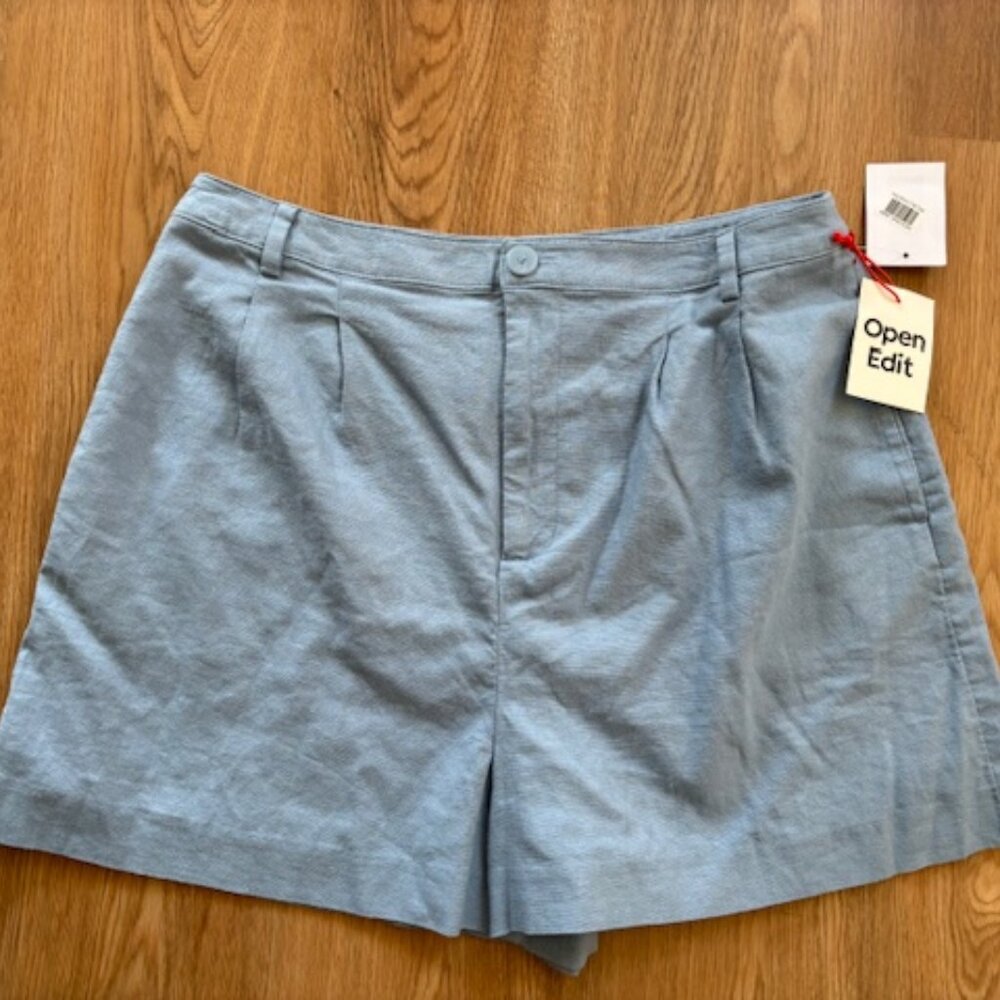 Open Edit Blue Chambray Pleated Front Linen Blend Shorts NWT 10